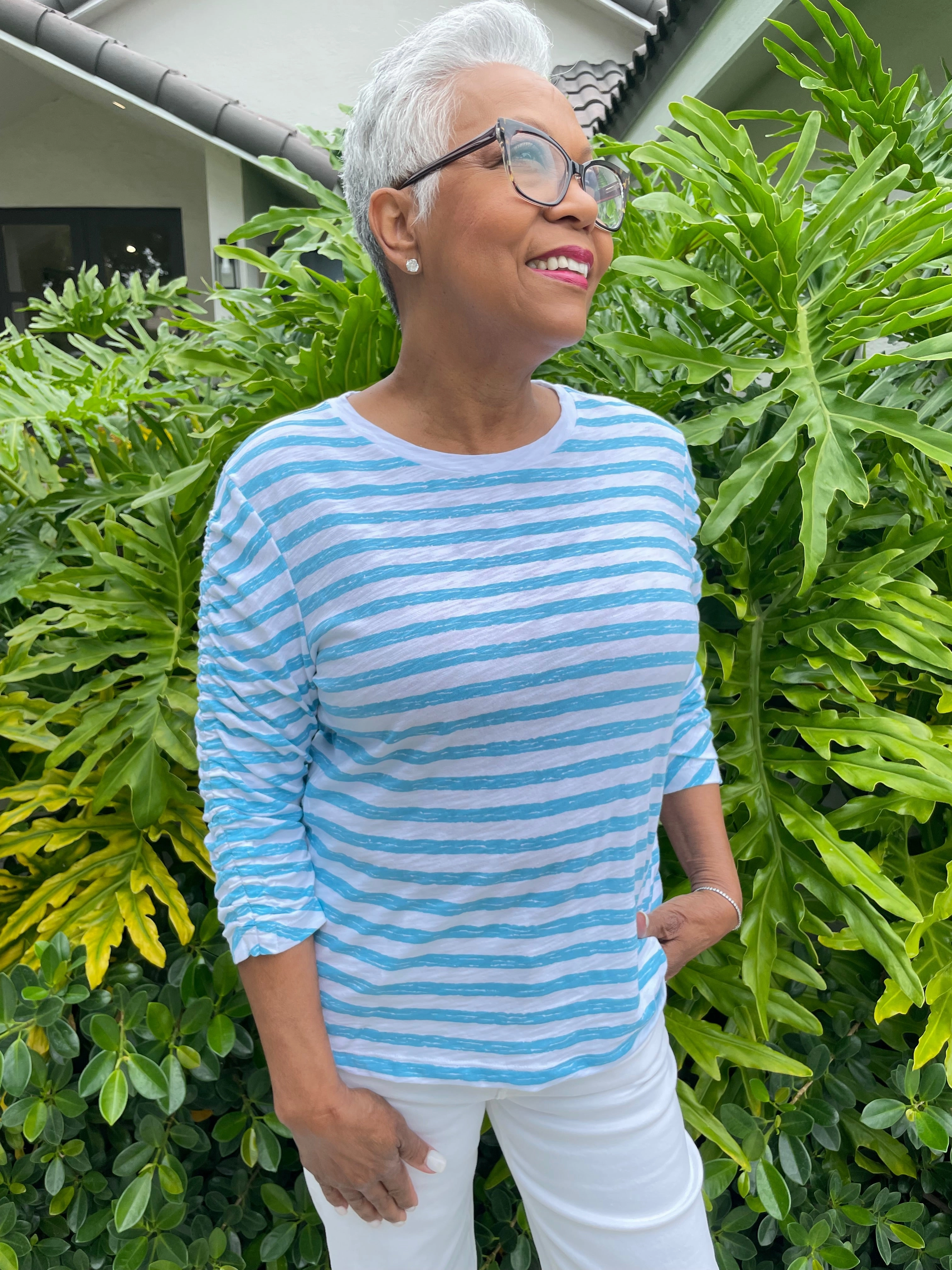 Stripe Ruched Sleeve Tee - Turquoise/White Smart Design