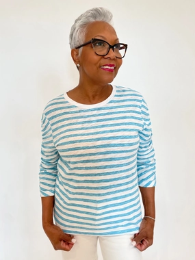 Stripe Ruched Sleeve Tee - Turquoise/White Geometric Pattern