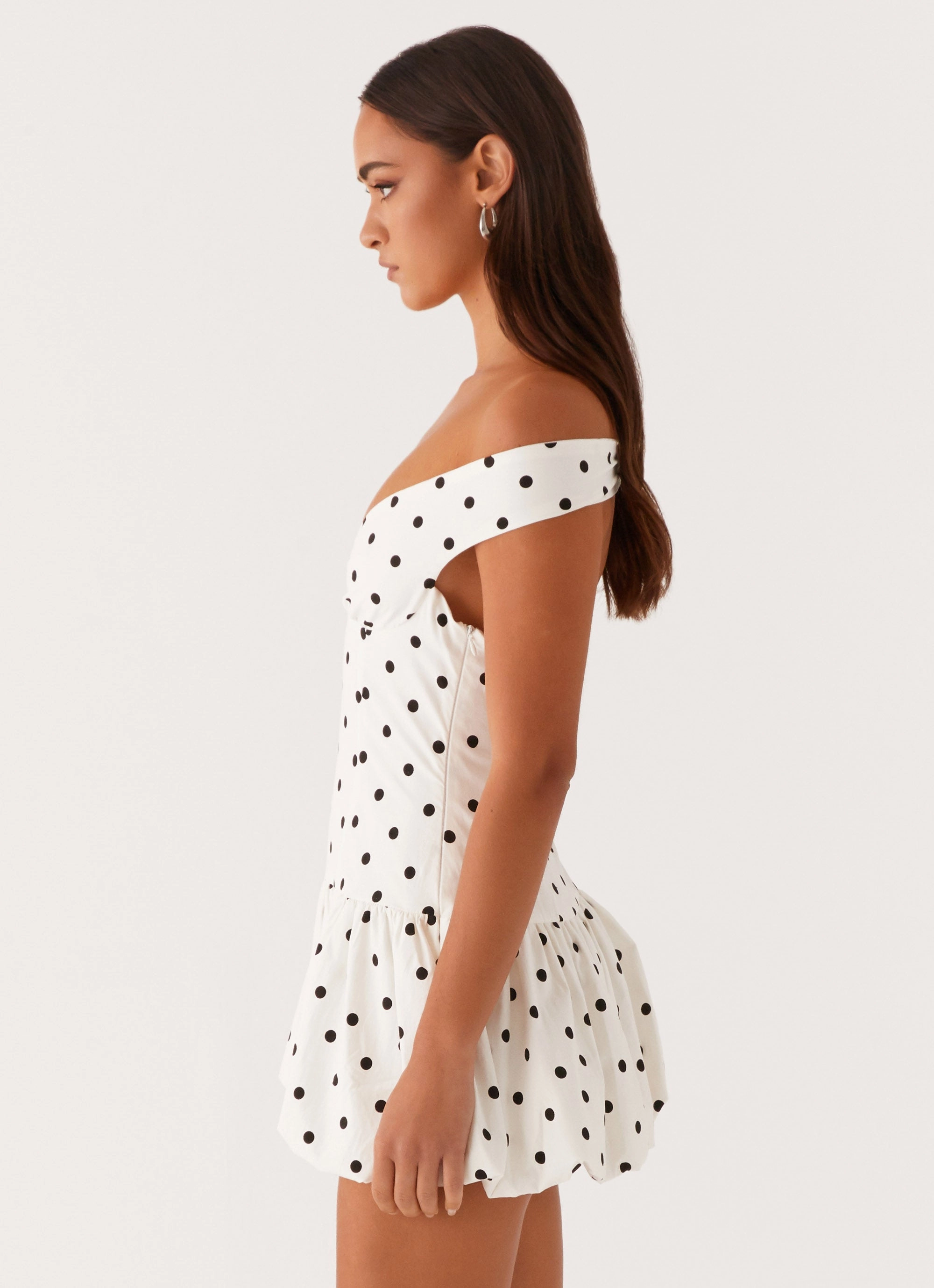 Elastic Fit Street Mood Endless Romance Off Shoulder Mini Dress - White Polka Dot