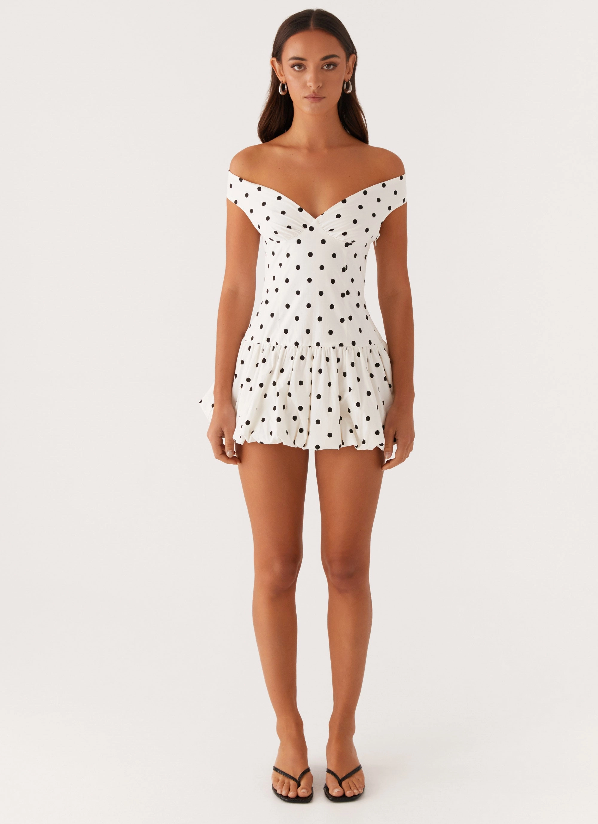 Endless Romance Off Shoulder Mini Dress - White Polka Dot Seasonal Wear
