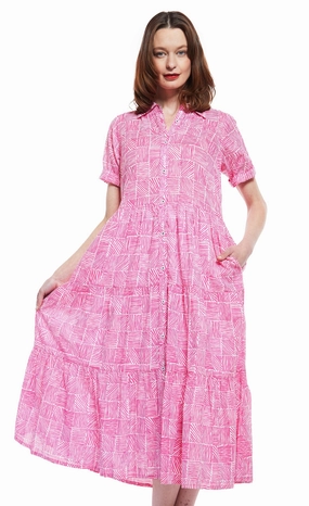 Sophisticated Waistband Fit Versatile dress for layering Palm Desert Long Dress - Fuschia And White Criss Cross Pattern