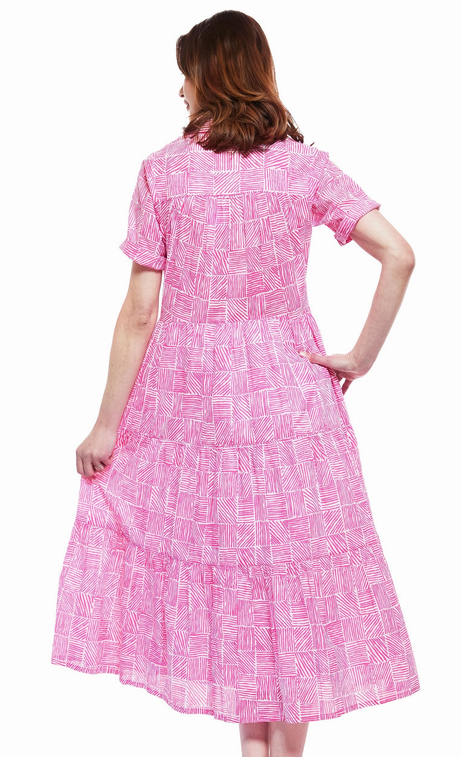 FoldablePackaging NoiseFreeFabric Palm Desert Long Dress - Fuschia And White Criss Cross Pattern