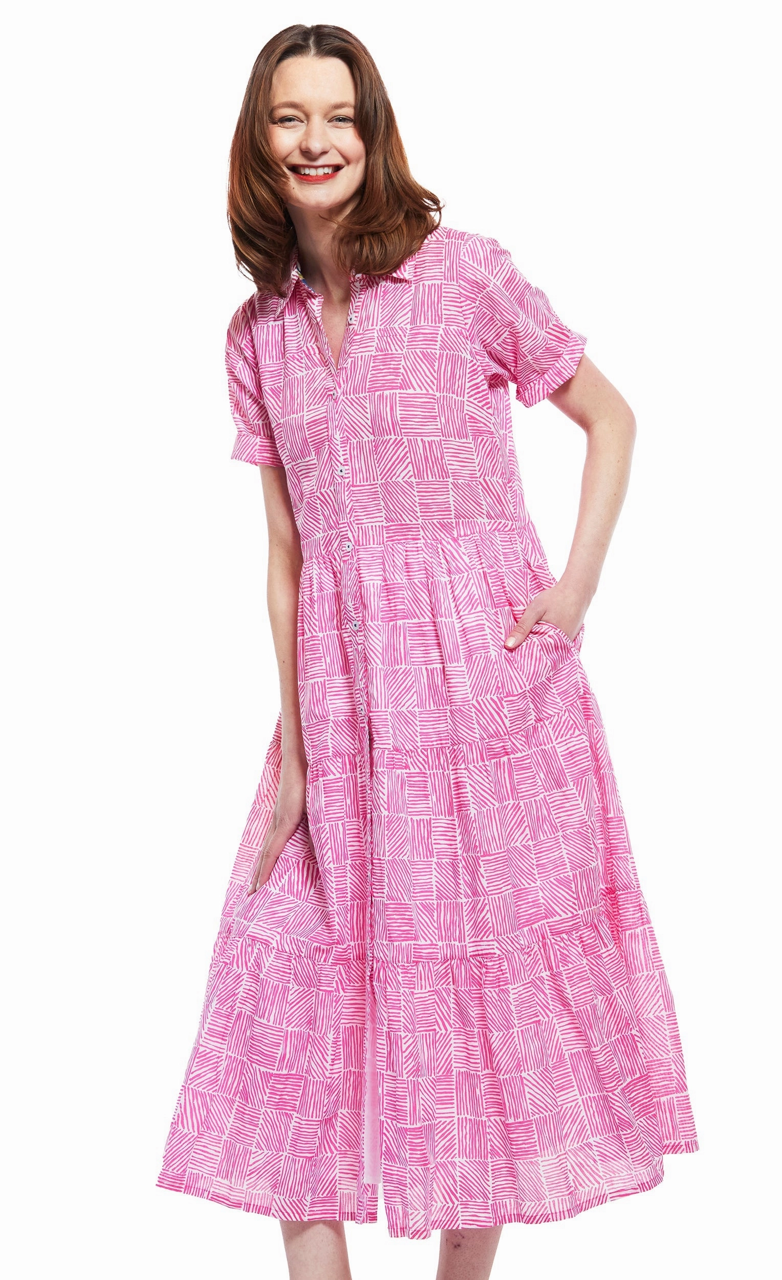 Palm Desert Long Dress - Fuschia And White Criss Cross Pattern Layering Piece