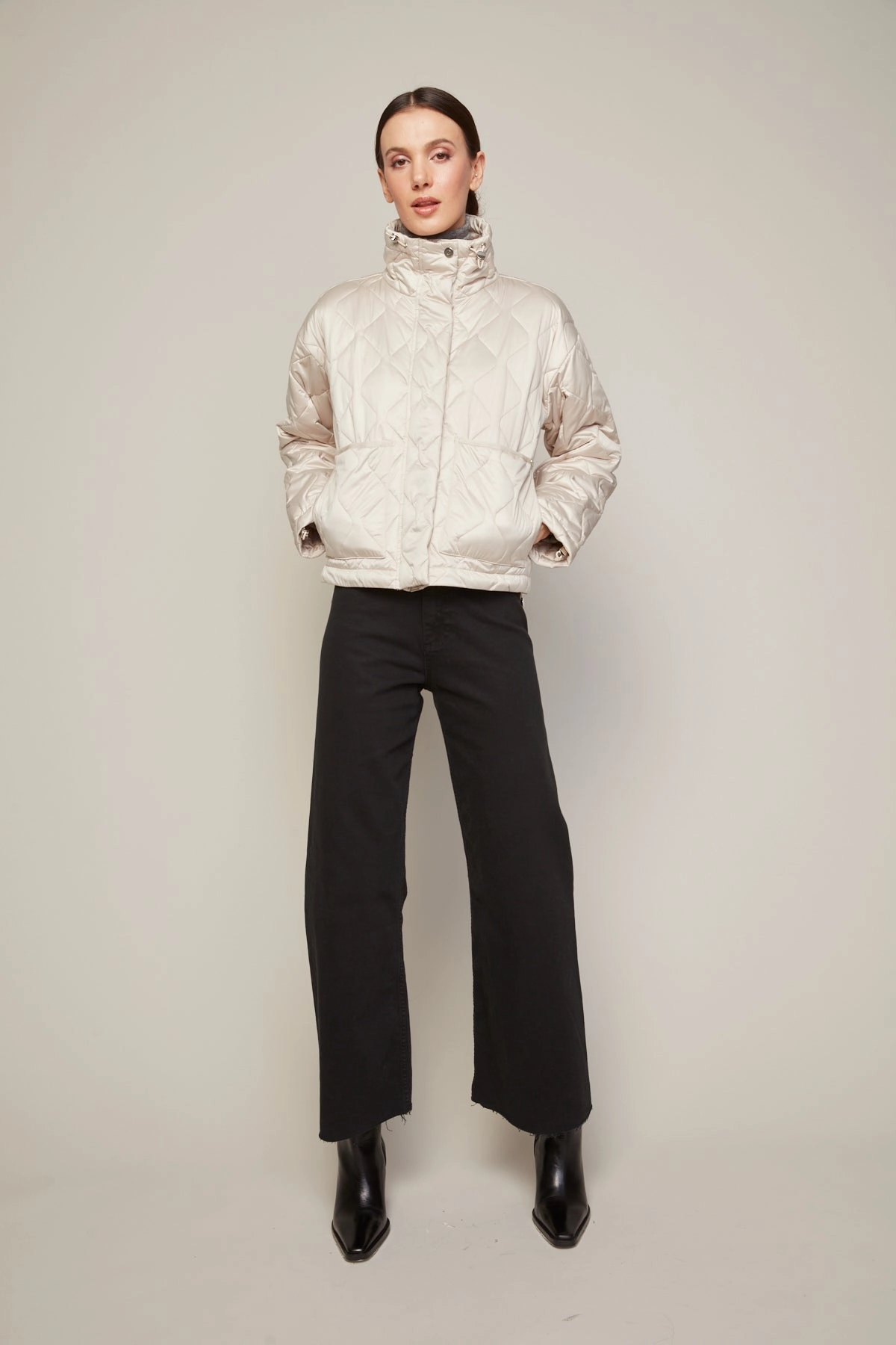 Billie Drop Shoulder Quilted Jacket With Twill Tape Detail - Birch Vegan Leather Accents