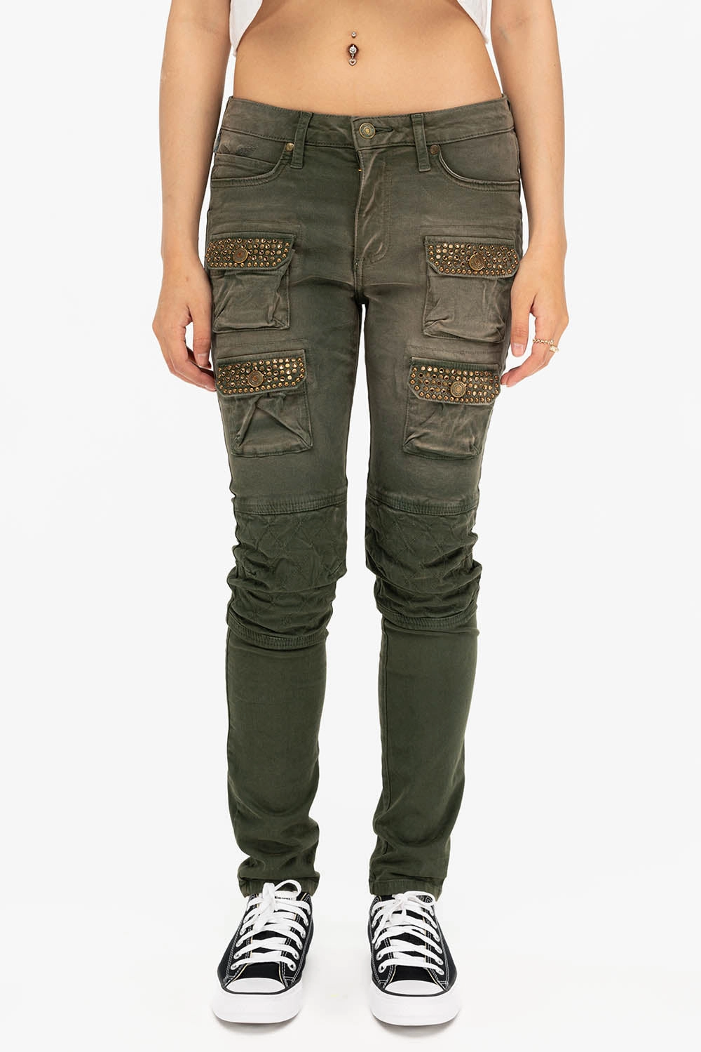 Music Event Smooth Casual ROBIN'S  WOMEN'S SKINNY UTILITARIAN JEANS IN SULFUR GREEN ARMY WITH STUDS AND CRYSTALS