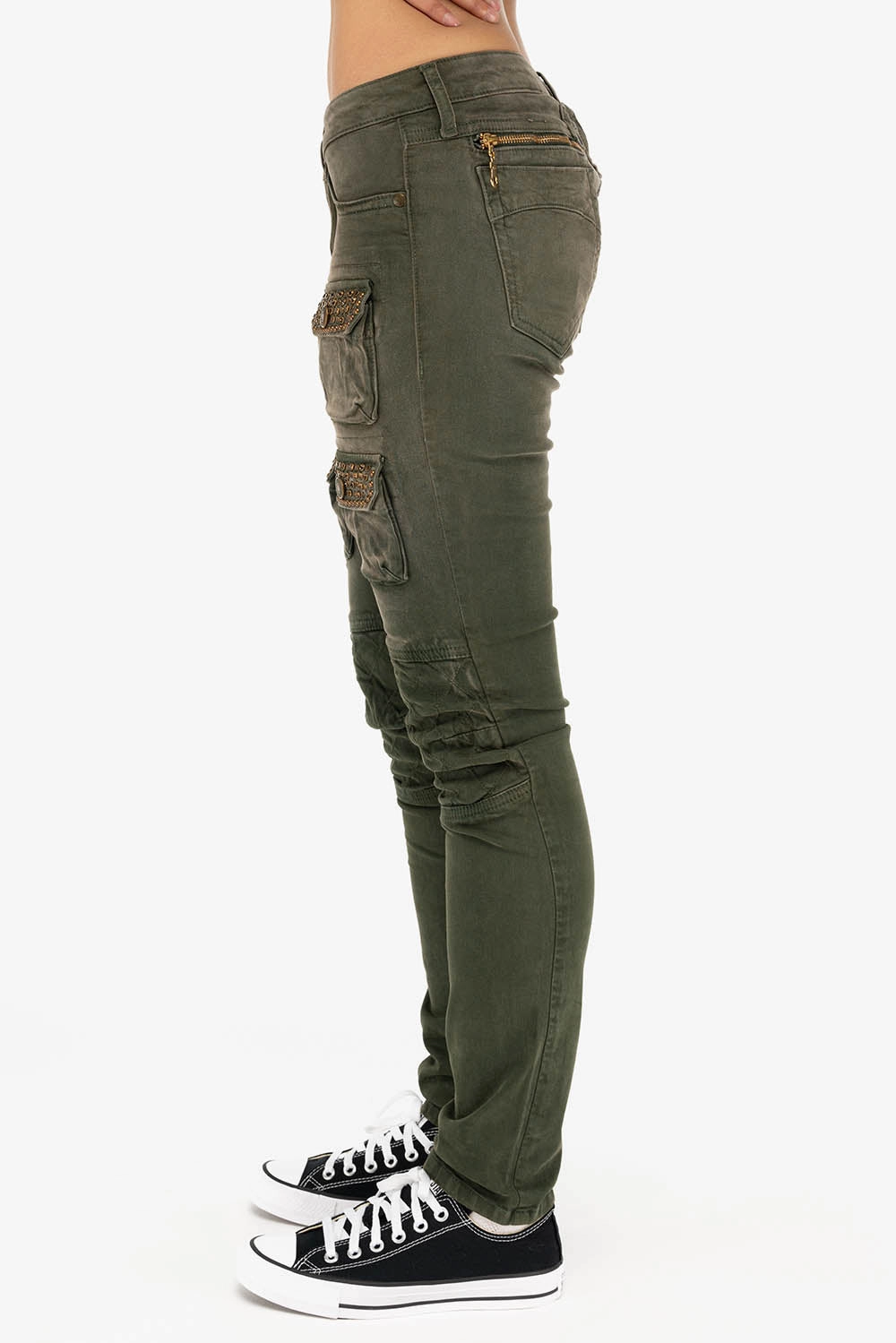 Vintage Inspired Weave ROBIN'S  WOMEN'S SKINNY UTILITARIAN JEANS IN SULFUR GREEN ARMY WITH STUDS AND CRYSTALS