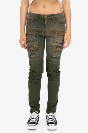 Music Event Smooth Casual ROBIN'S  WOMEN'S SKINNY UTILITARIAN JEANS IN SULFUR GREEN ARMY WITH STUDS AND CRYSTALS