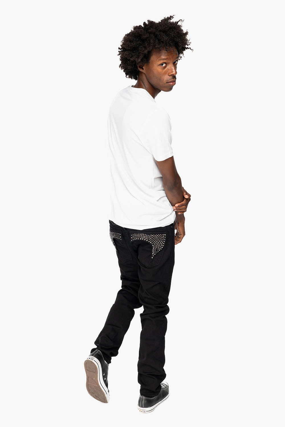 KILLER FLAP MENS SKINNY JEANS IN PURE BLACK  FULLY EMBELLISHED WITH BLK DIAMOND CRYSTALS Classic Fit Wardrobe Classic