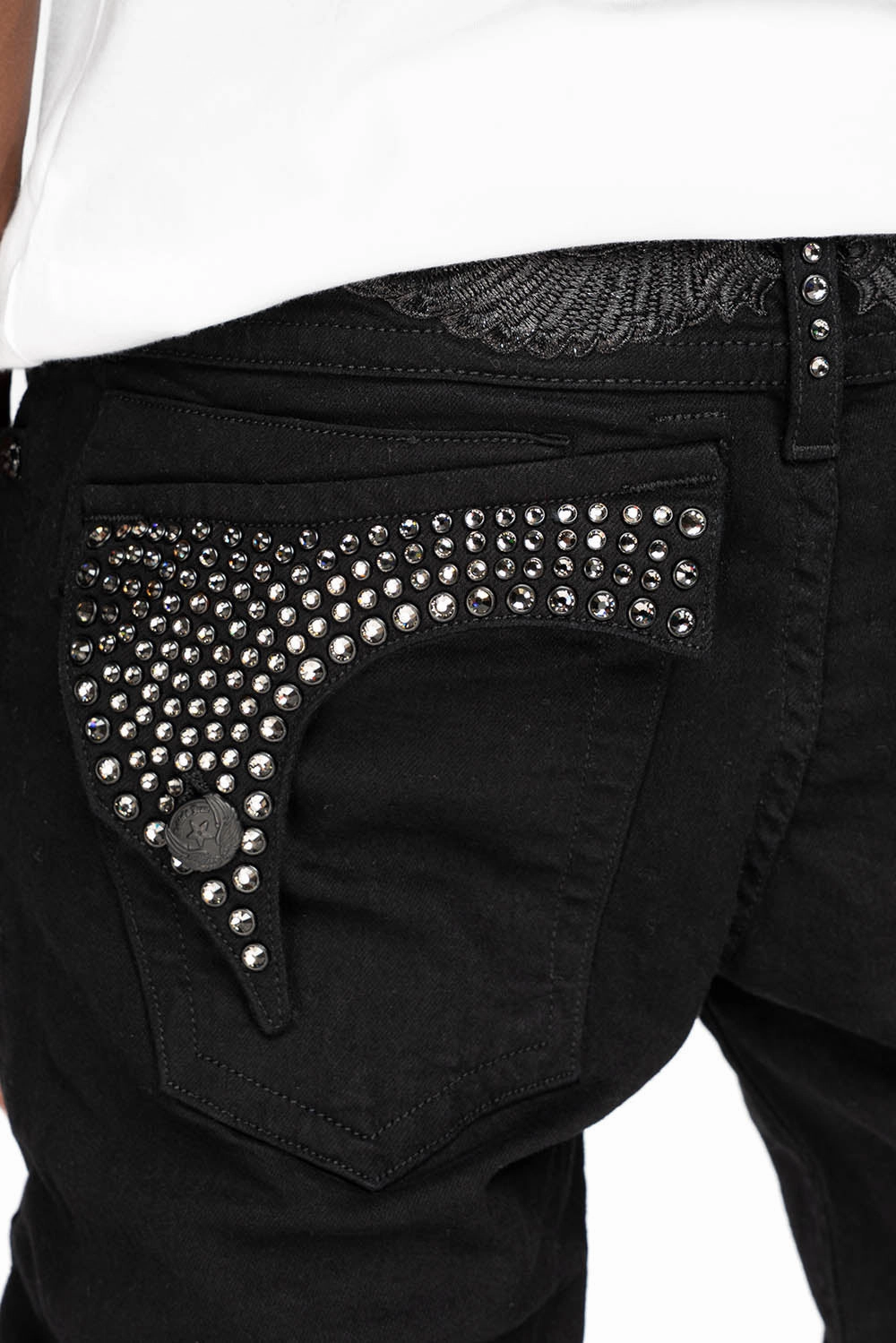 Youth Style Weekend Style Rainy Day KILLER FLAP MENS SKINNY JEANS IN PURE BLACK  FULLY EMBELLISHED WITH BLK DIAMOND CRYSTALS