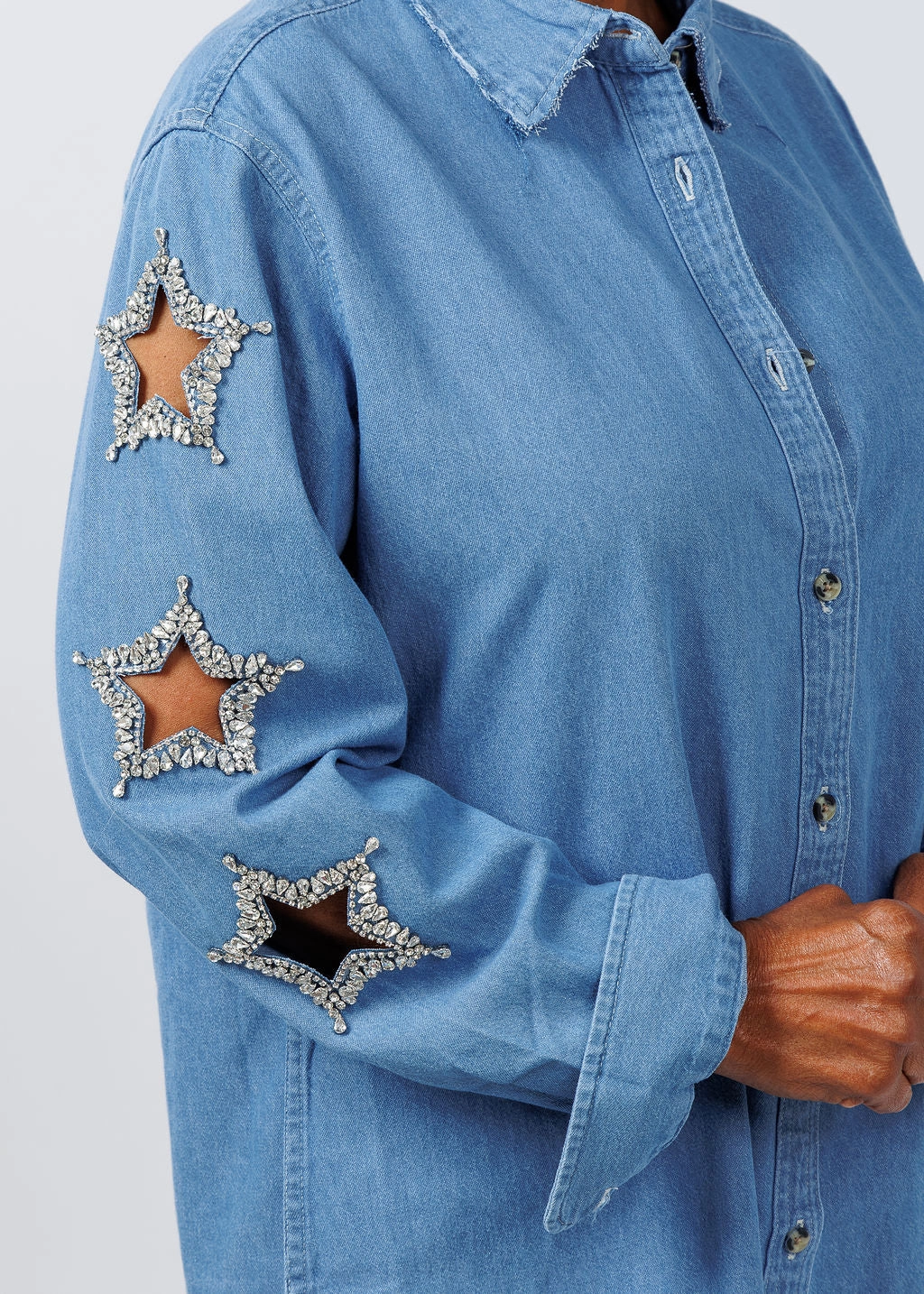 Stars Cut Out Denim Shirt Adjustable Hem Soft touch finish