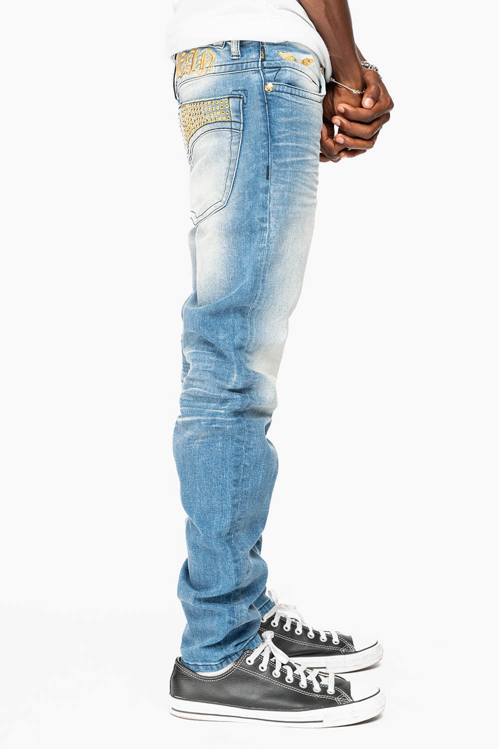 Artist Vibe Work Meeting Casual Minimal Edge SKINNY JEAN IN BLUE 5D LIGHT WASH EMBELLISHED WITH AURUM CRYSTALS