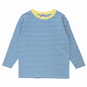 BlendMaterials Ribbed Collar Design Contrast-Trim Striped T-Shirt