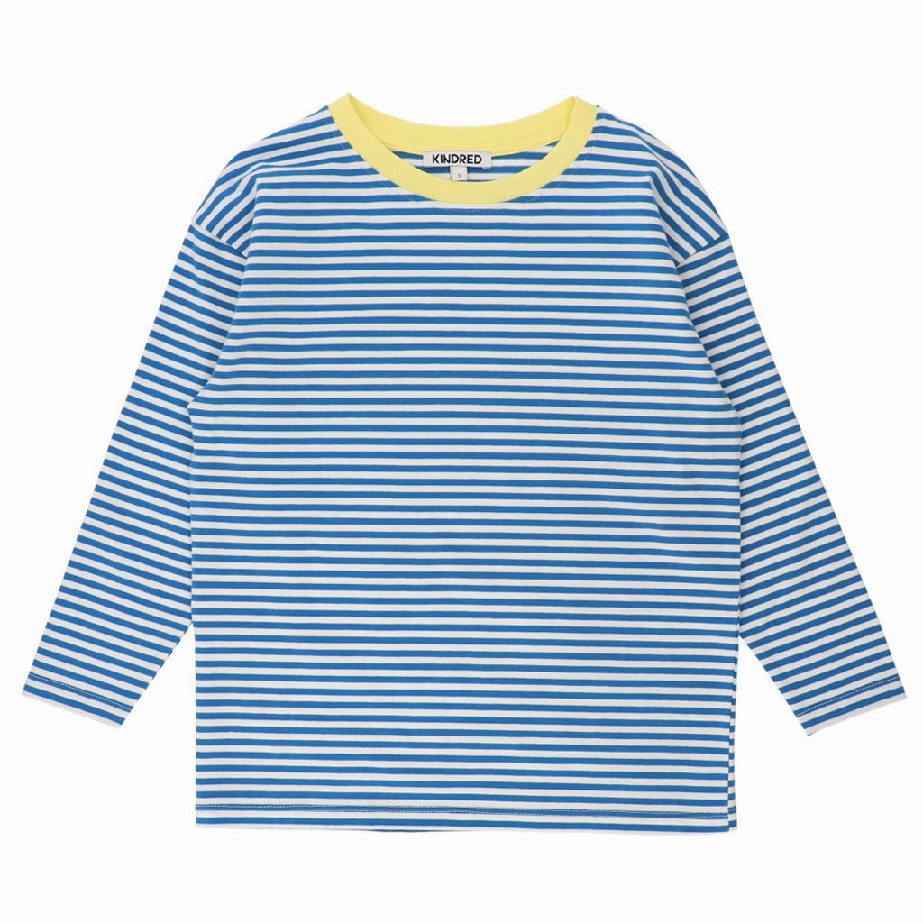 BlendMaterials Ribbed Collar Design Contrast-Trim Striped T-Shirt