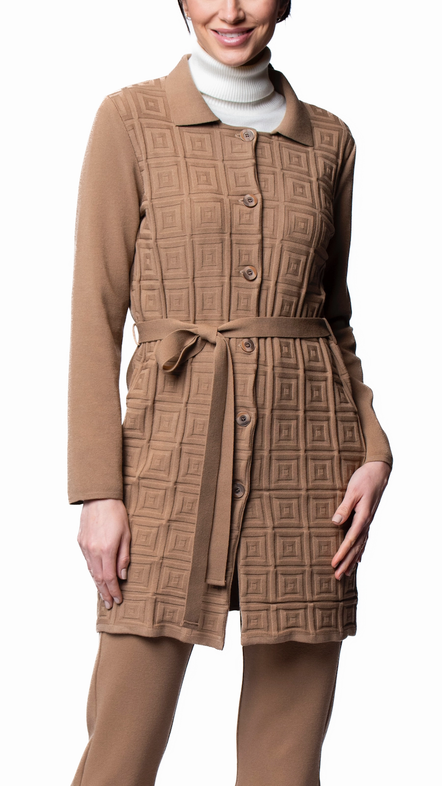 Sydney Square-Patern Knit Car Coat - Mocha Cozy Hood Detail