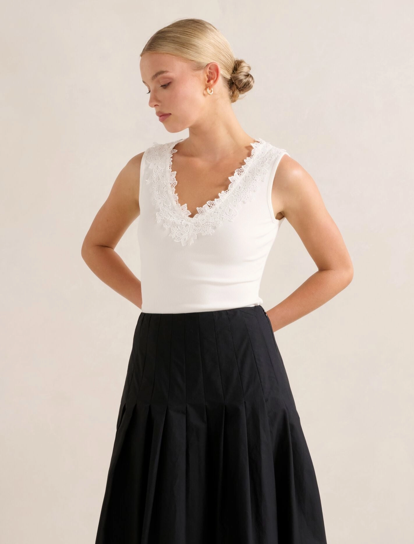 Sylvie Lace Trim Tank Top Mesh Lining Stretch Woven Material