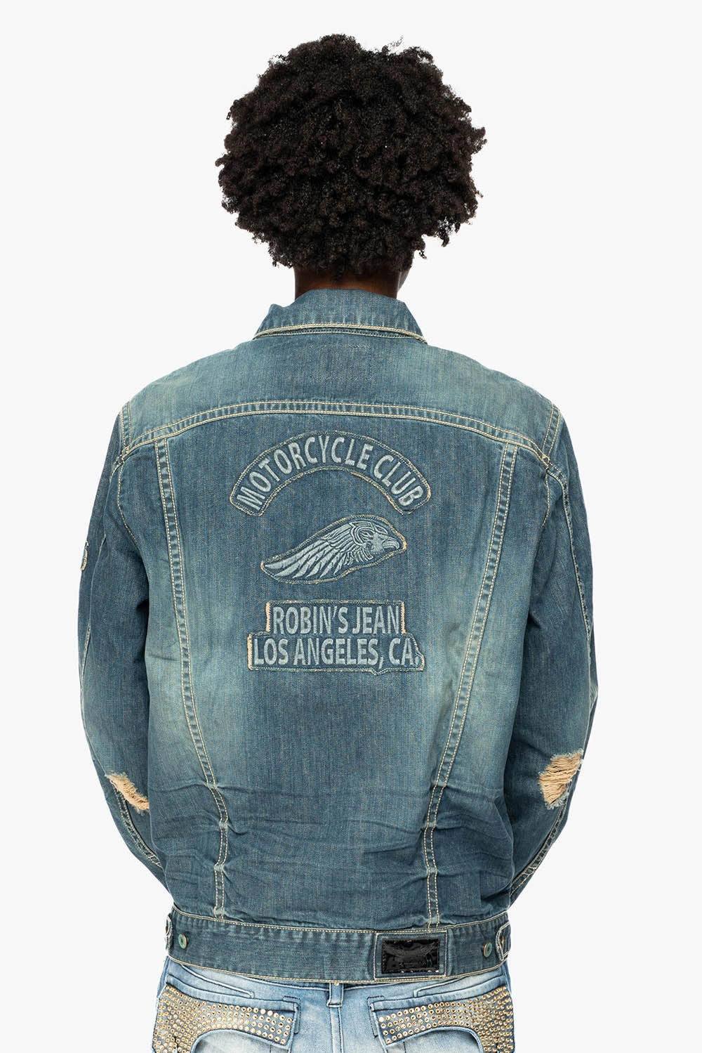 Warmth Retention Minimal Daily Fit ROBINS MOTORCYCLE CLUB DENIM JACKET IN MEDIUM BLUE BROKEN WASH WITH PATCHES