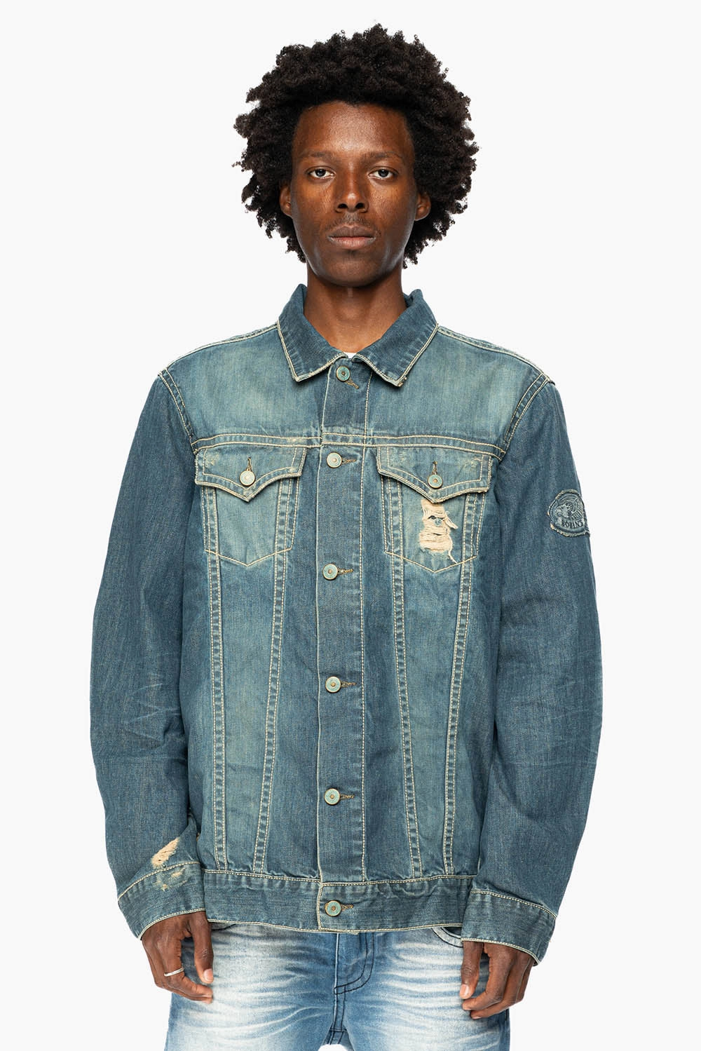 ROBINS MOTORCYCLE CLUB DENIM JACKET IN MEDIUM BLUE BROKEN WASH WITH PATCHES Stay Dry Interior Sporty Touch