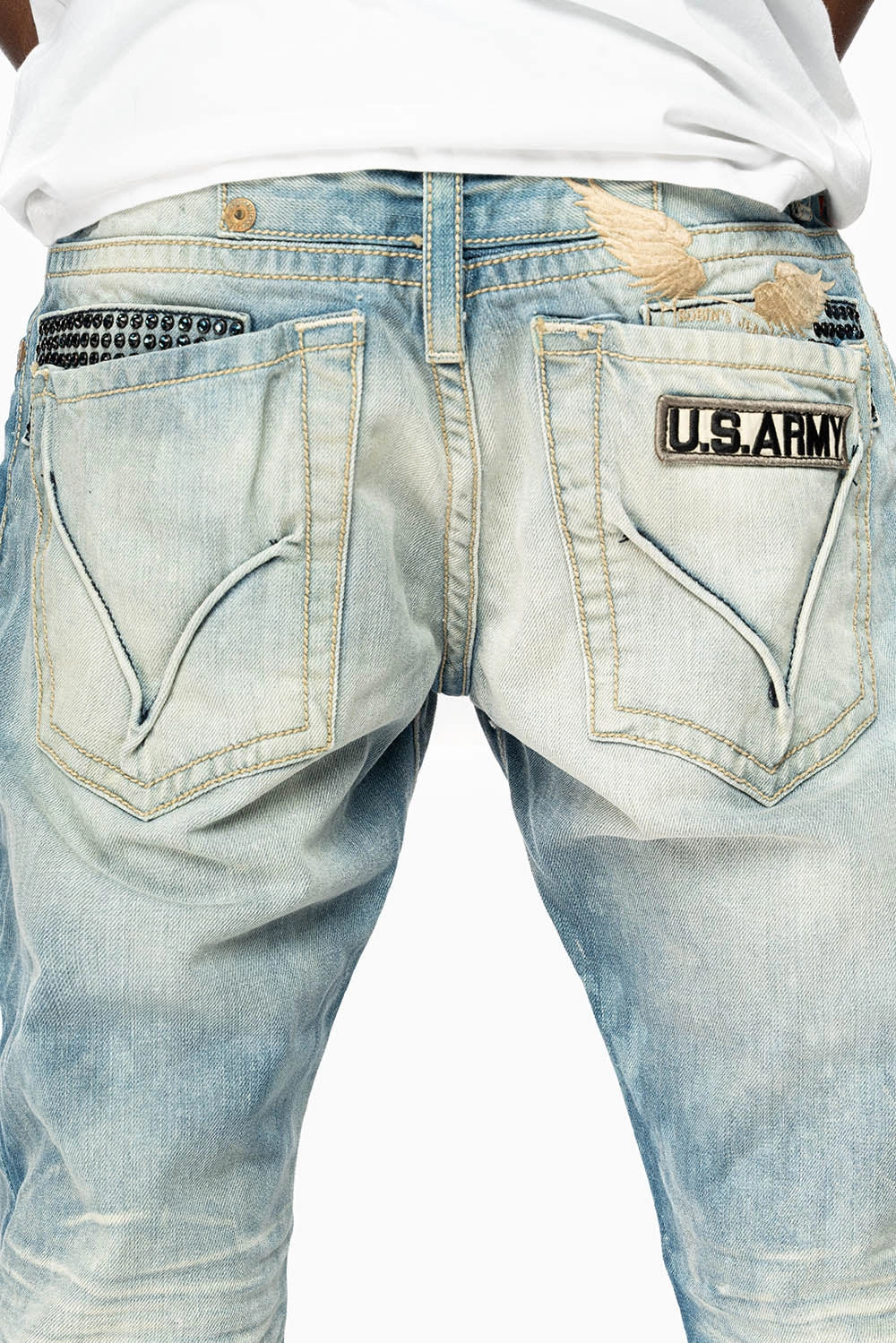 STRAIGHT CUT JEANS LIMITED EDITION IN AQUARAMA WASH EMBELLISHED WITH  CRYSTALS AND ROBINS WING EMBROIDERY Body Fit Ready