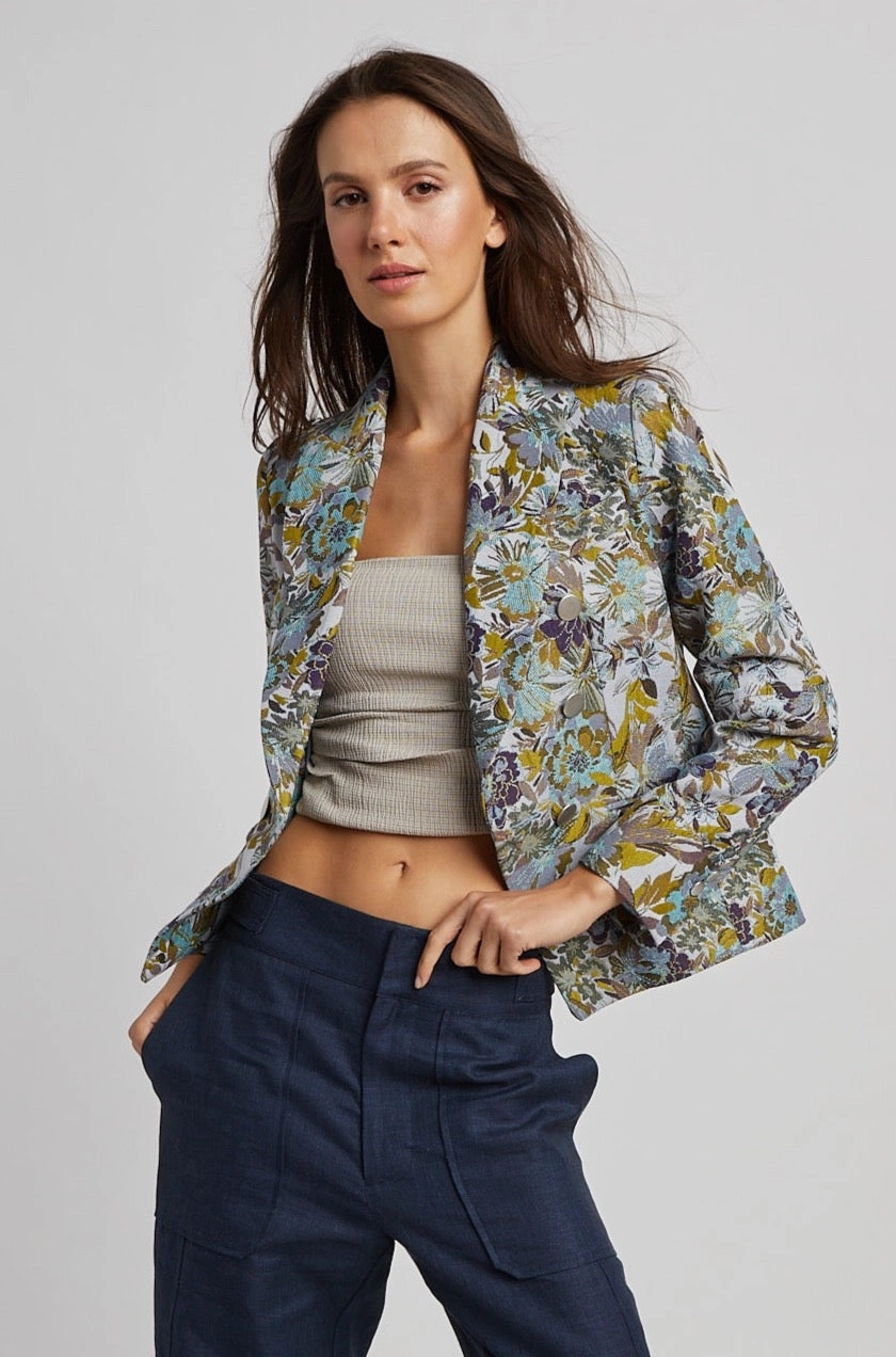 Wind Resistant Fabric Clean Minimal Look Taylor Double Breasted Floral Blazer - Blue Blooms