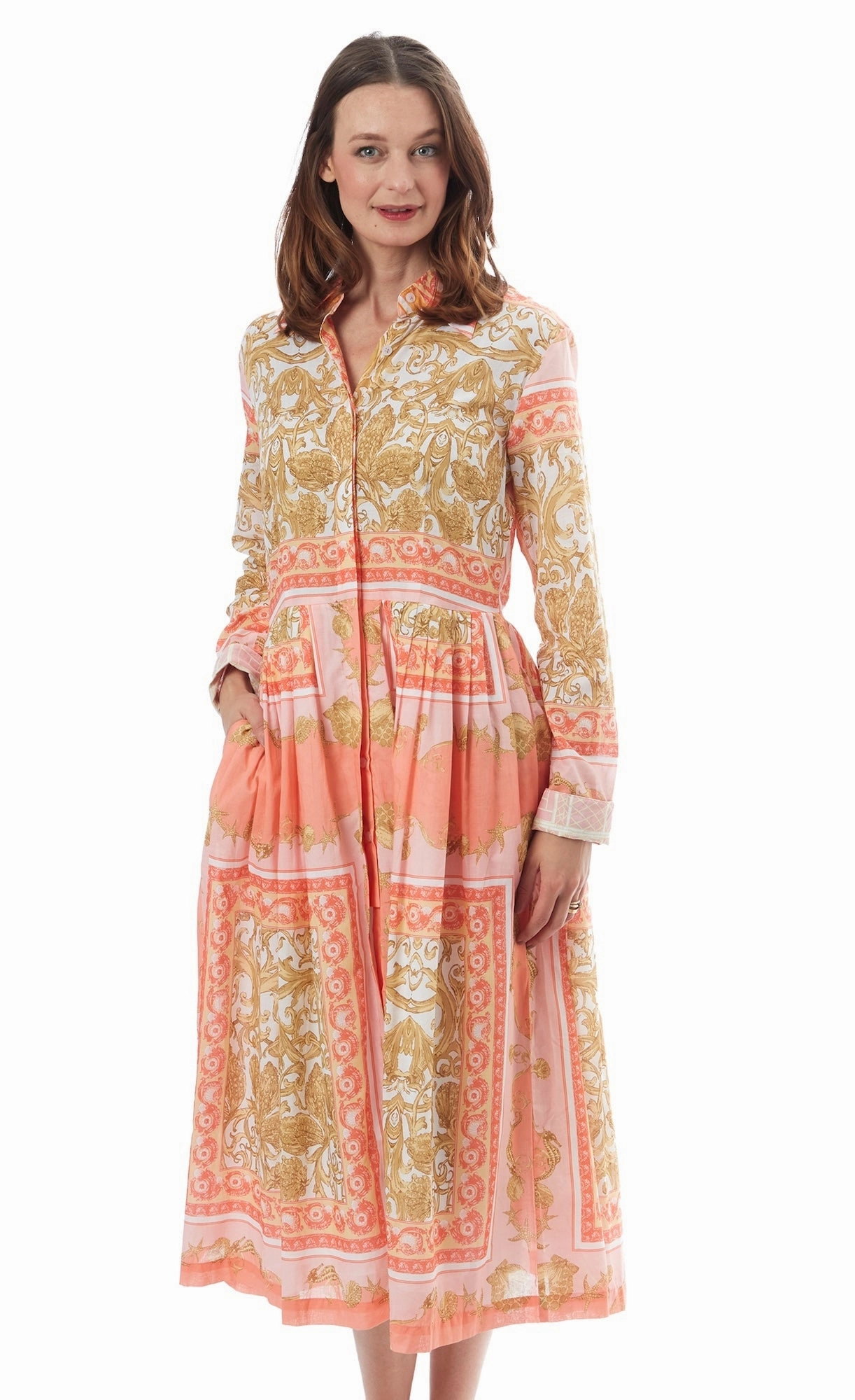 Tea Length Button Front Dress - Scroll Print Seasonal Essential Seasonal Fit