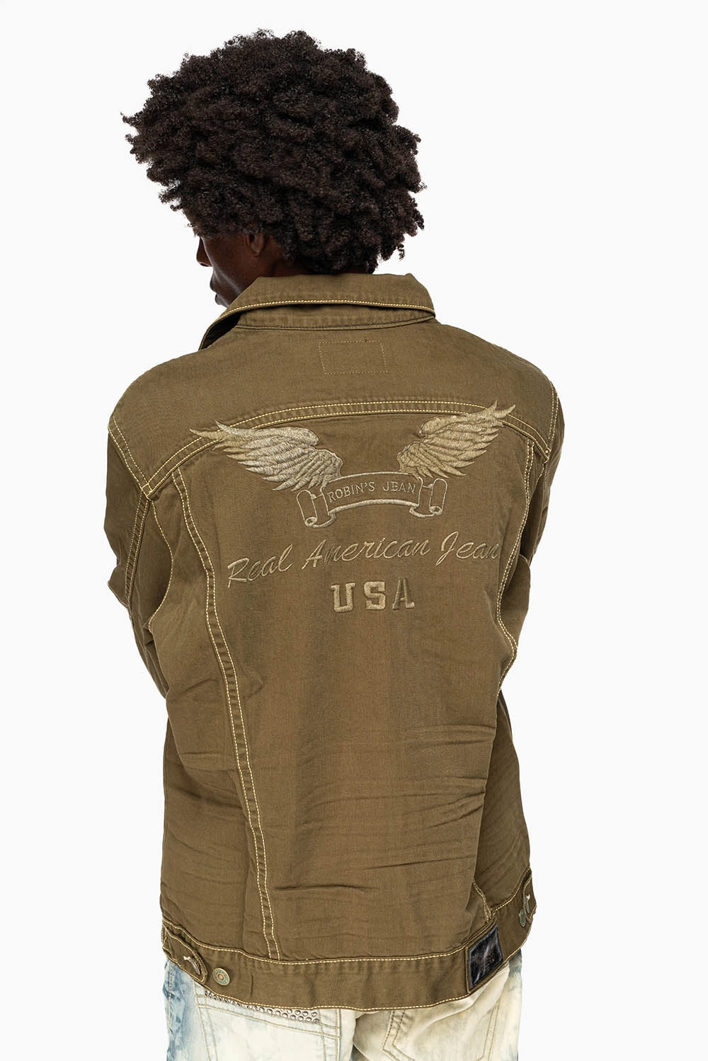 heavy duty fabric DRK GREEN JEAN JACKET EMBELISHED WITH CLEAR CRYSTALS AND PYRAMID