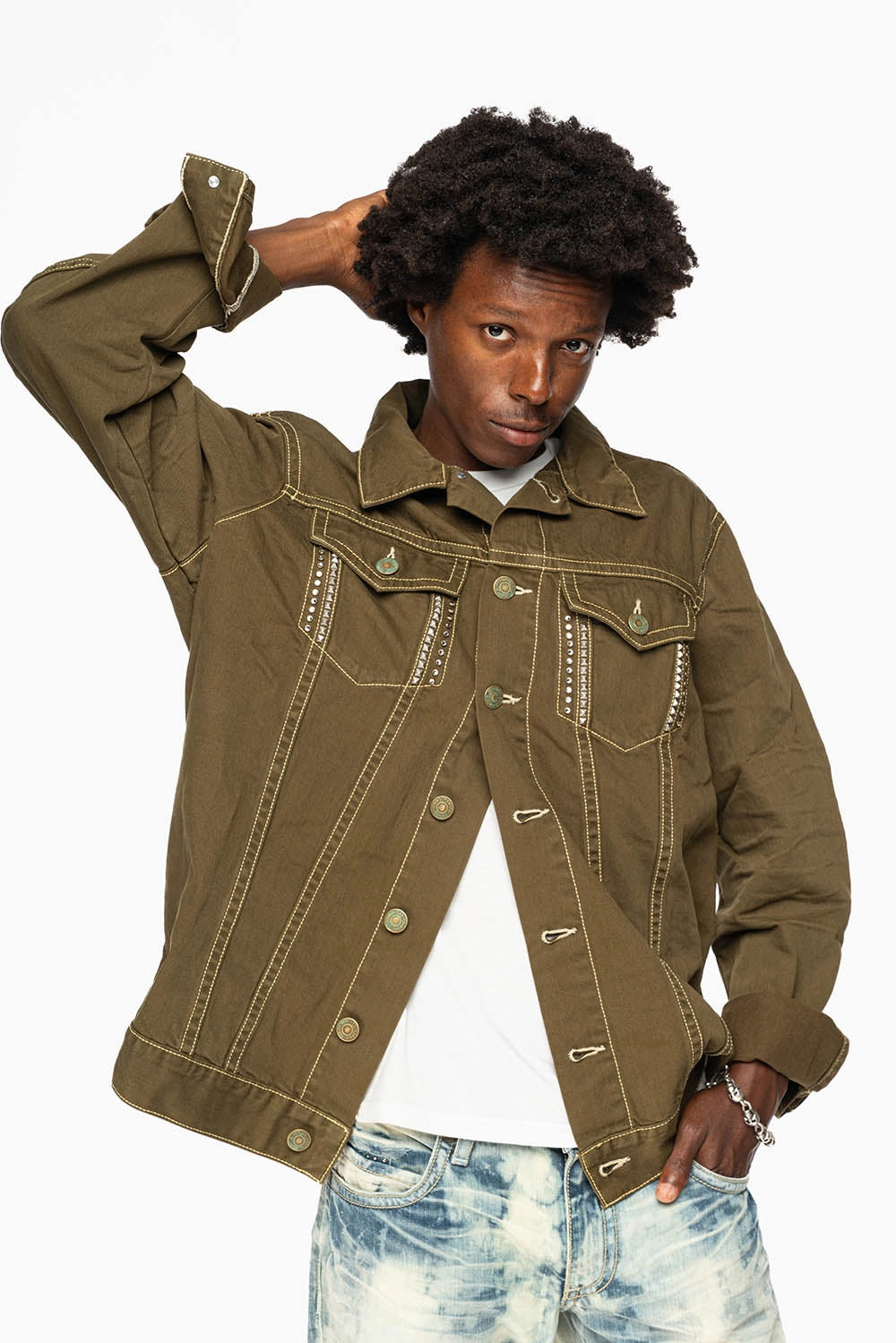 DRK GREEN JEAN JACKET EMBELISHED WITH CLEAR CRYSTALS AND PYRAMID Tear Resistant Panels High Collar Options