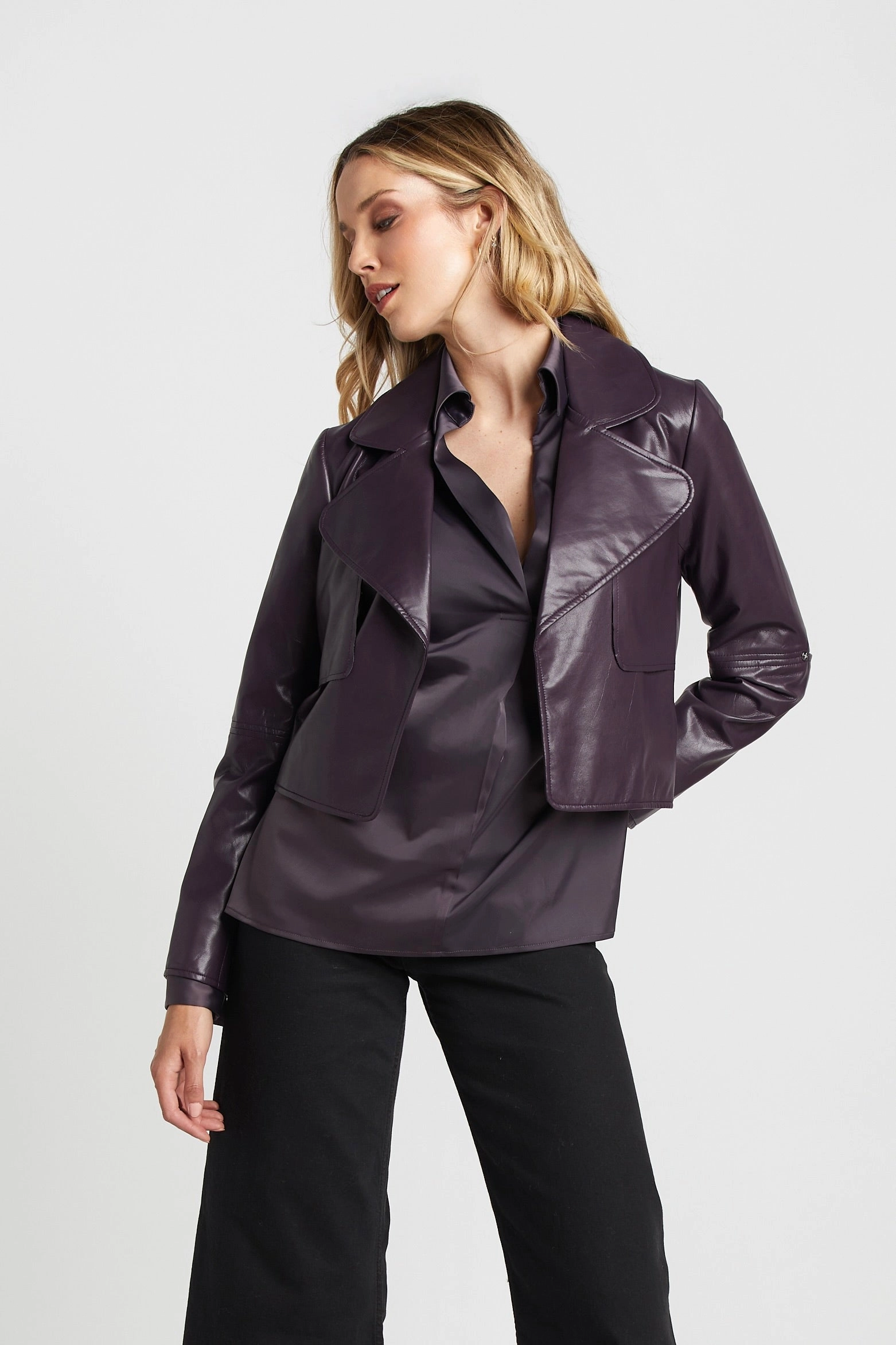 Ninon Short Vegan Leather Jacket - Mulberry Fade Resistant Dye Method