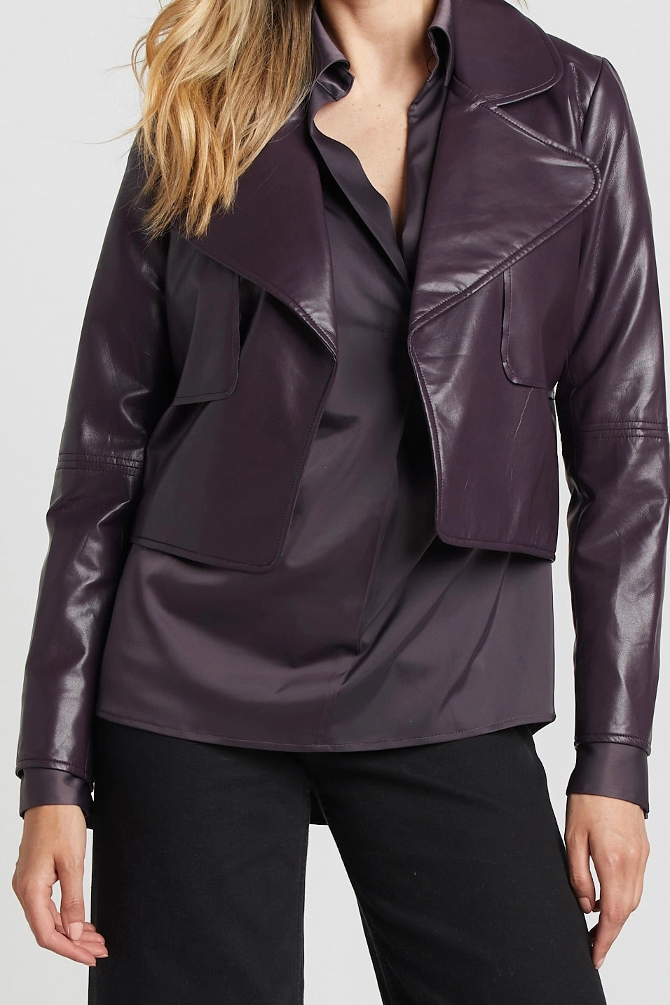 Ninon Short Vegan Leather Jacket - Mulberry Light Day Jacket Laser Cut Vents
