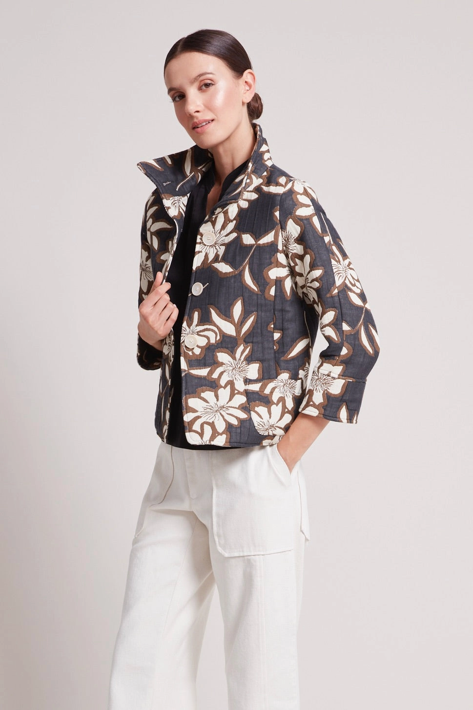 Reinforced Elbows Tenley Quilted Jacquard Jacket - Creamy Floral