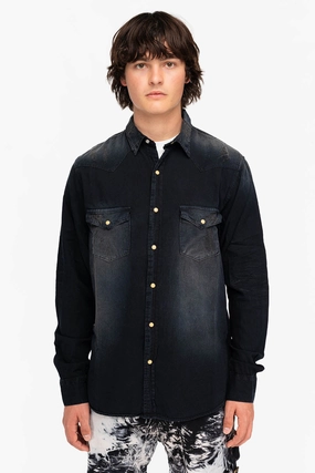 WESTERN NATIVE AMERICAN STYLE MENS DESTROY DENIM SHIRT IN F_ED UP BLACK Flexible Wear