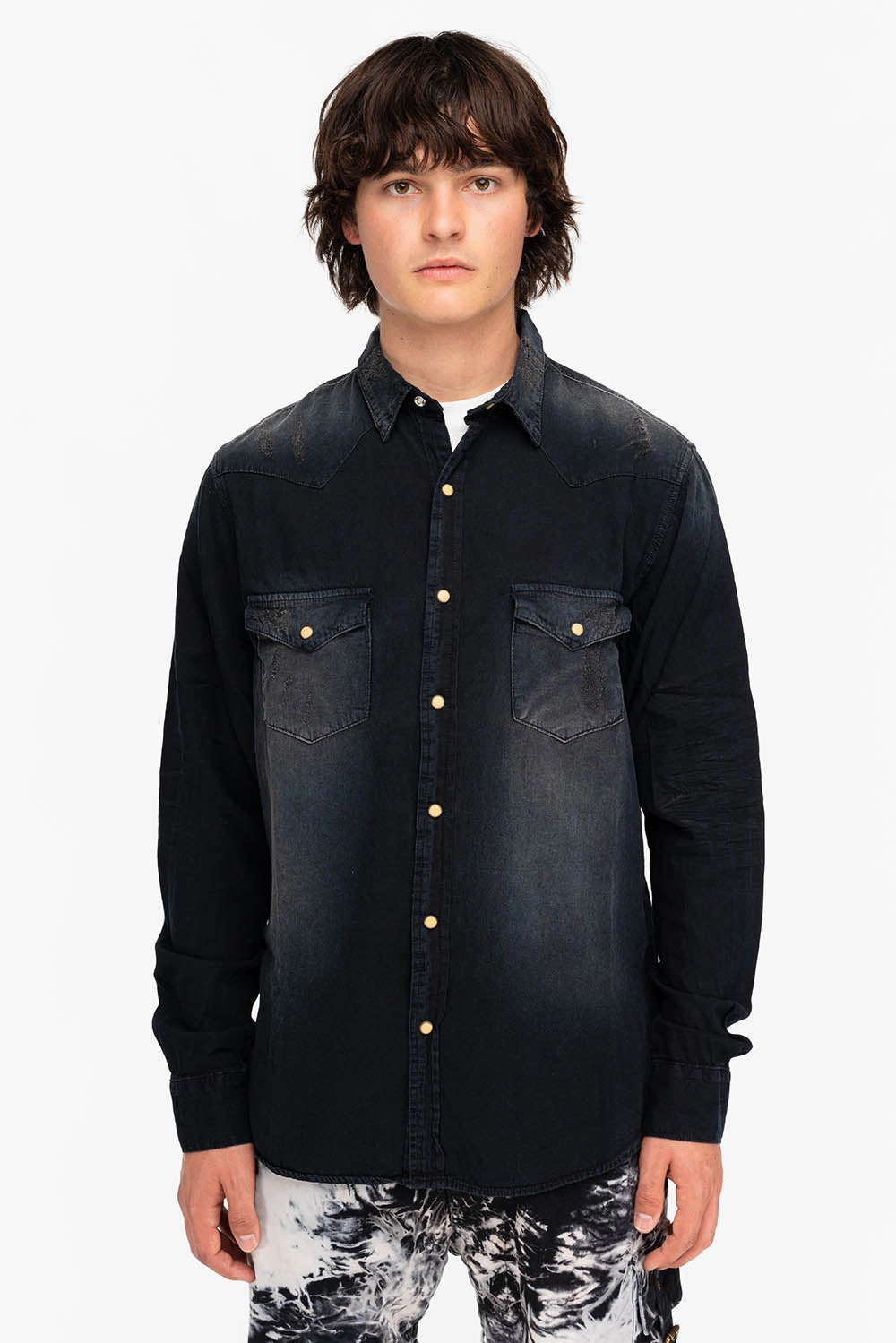 WESTERN NATIVE AMERICAN STYLE MENS DESTROY DENIM SHIRT IN F_ED UP BLACK quick dry