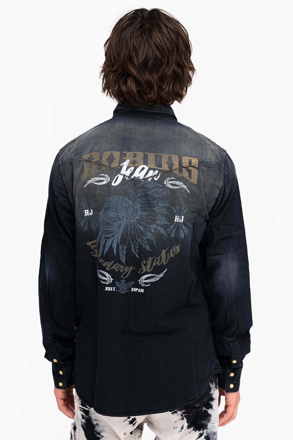 Essential Piece Ethical production WESTERN NATIVE AMERICAN STYLE MENS DESTROY DENIM SHIRT IN F_ED UP BLACK