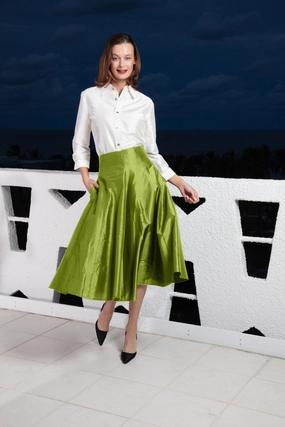 Low Rise Mid-Calf Silk Skirt - Green