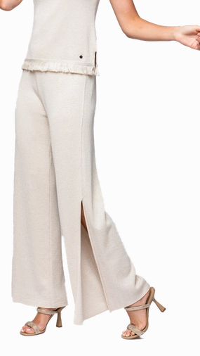 Seasonless wear Thalia Wide Leg Shimmery Pants with a Slit - Gold Ecru