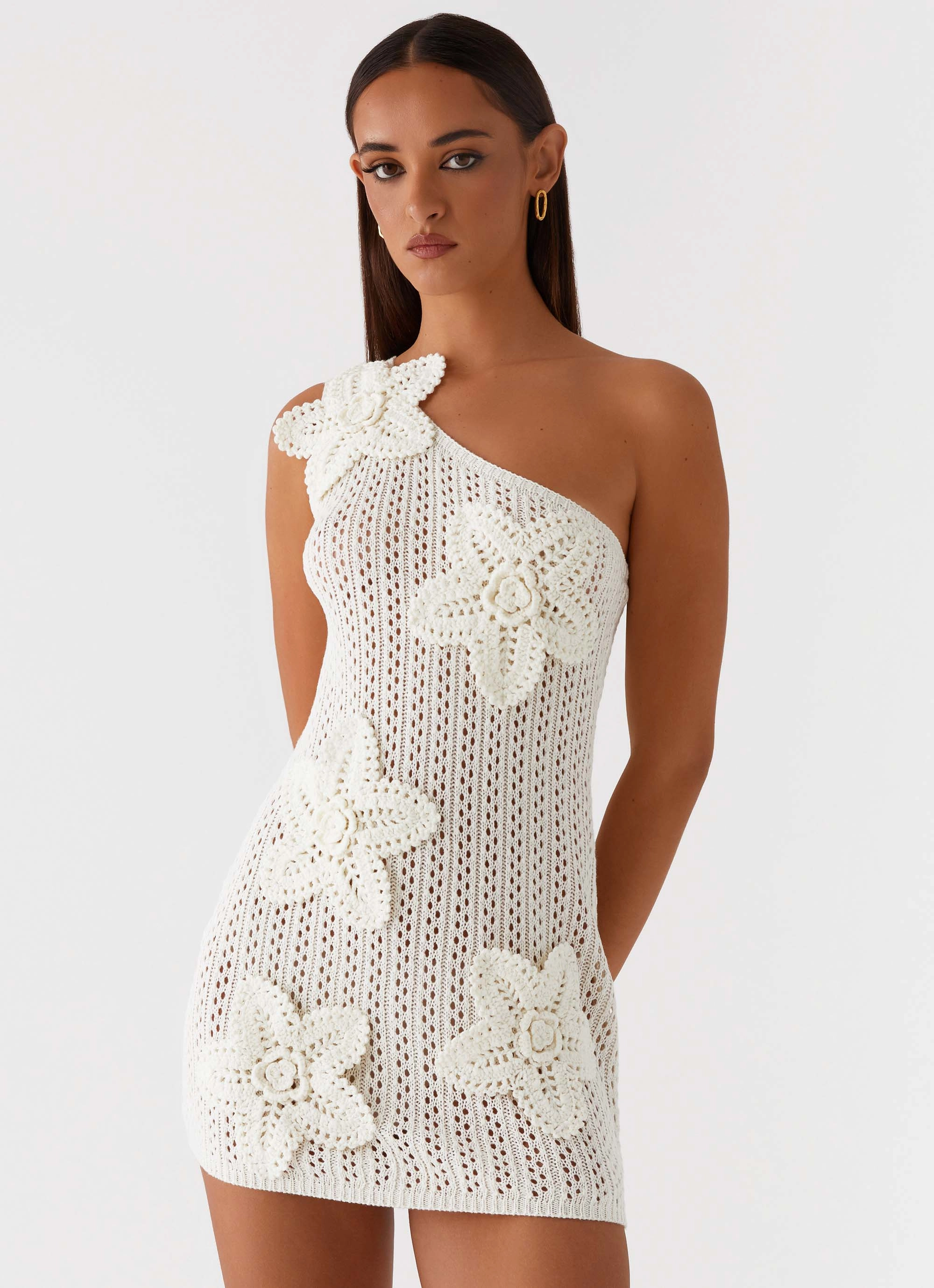 Afterglow One Shoulder Crochet Mini Dress - Ivory Flawless Waistband Fit