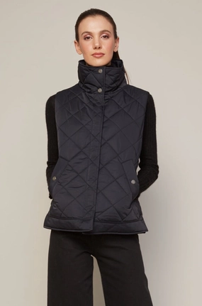 Brielle Quilted Sleeveless Funnel Neck Vest - Black Snap Closure System