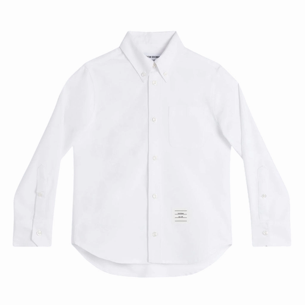 Thom Browne Kids Classic Button Down Point Collar Shirt in Solid Poplin Ribbed Neckline