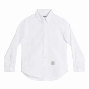 Thom Browne Kids Classic Button Down Point Collar Shirt in Solid Poplin Ribbed Neckline