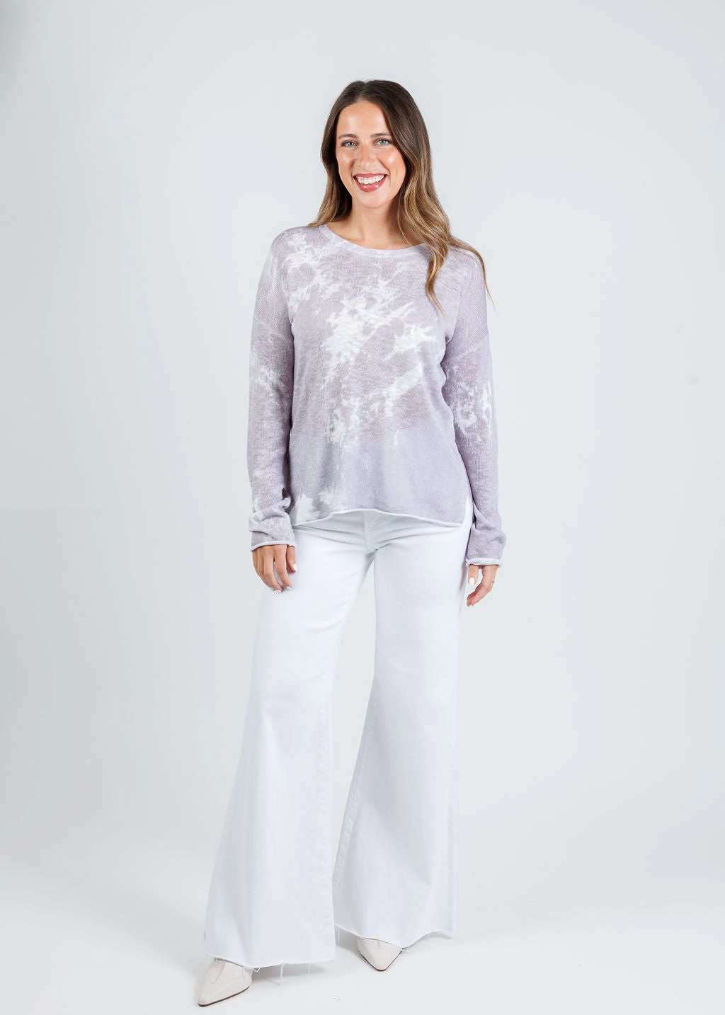 Tie Dye Long Sleeve Crew Sweater - Cloud Bias Cut Hem Details Roomy Pockets