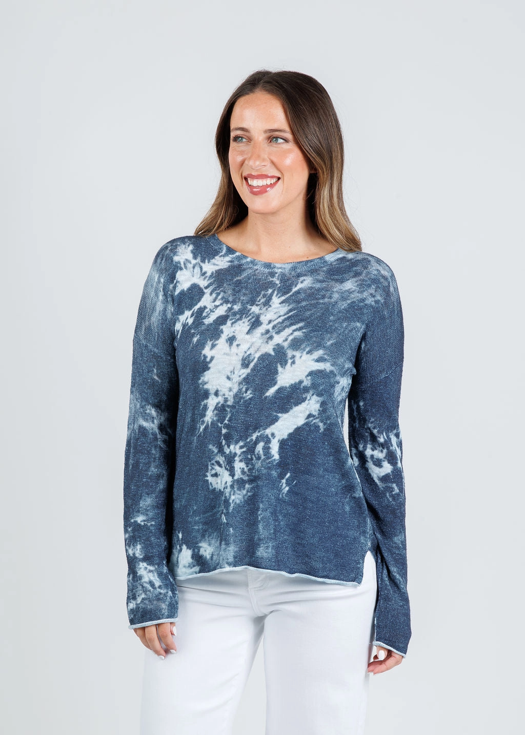 Tie Dye Long Sleeve Crew Sweater - Denim Classic Winter Layered Warmth