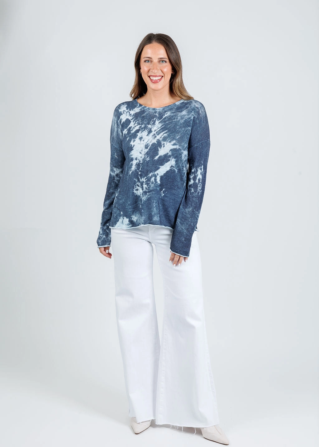 Eco Conscious Manufacturing Sleek Comfort Fit Tie Dye Long Sleeve Crew Sweater - Denim