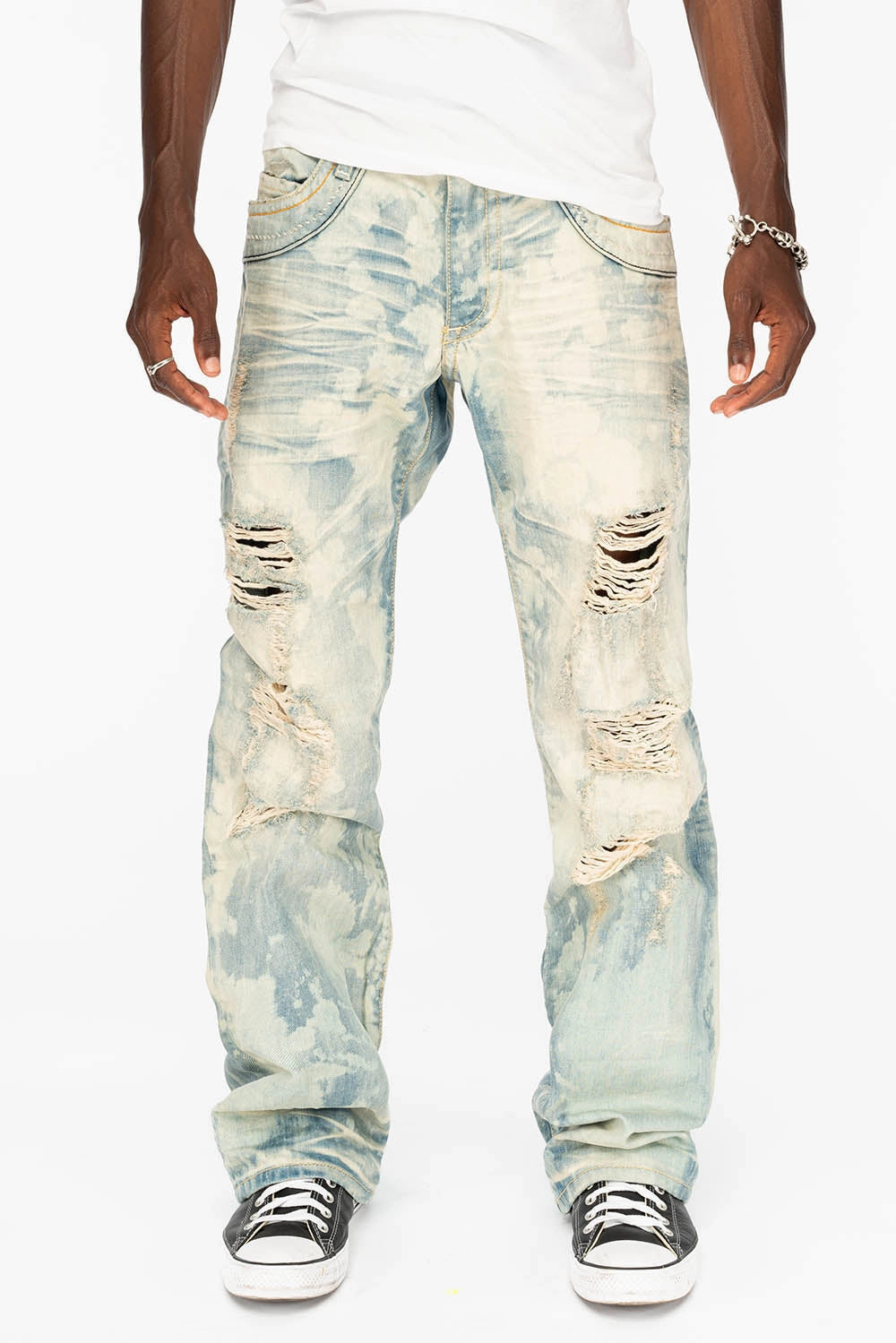 VINTAGE INDIGO DISTRESSED ,RIPPED JEAN  IN MIWOK BROKEN WASH WITH  ORANGE CRYSTALS Timeless Wear Tear Resistant Denim