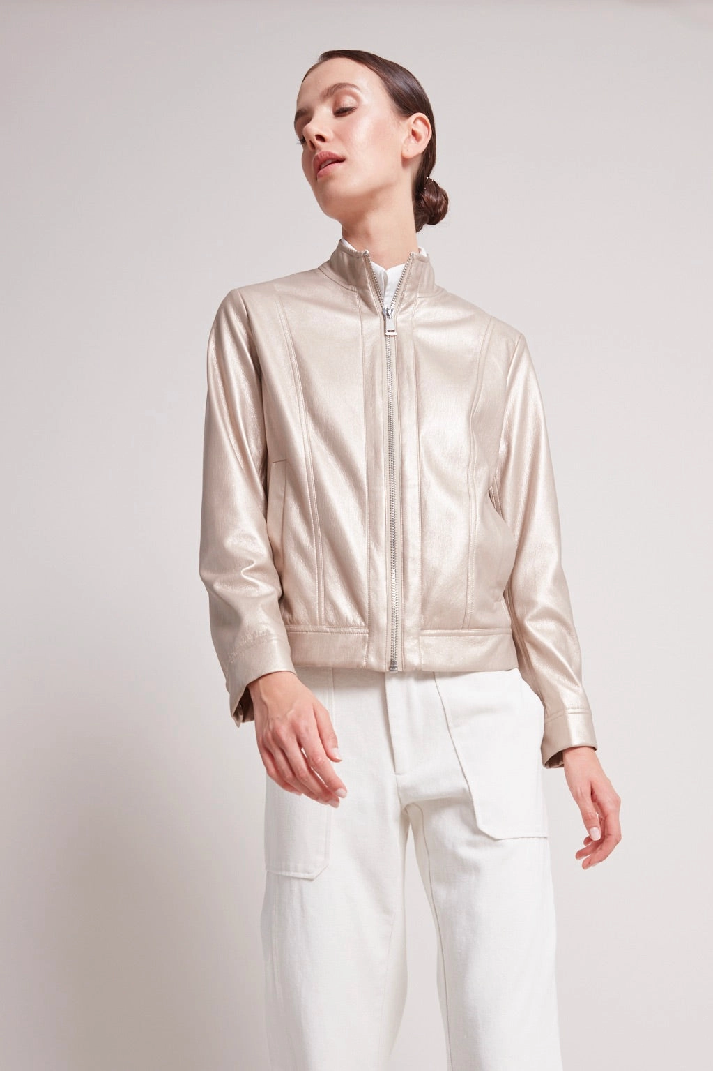 Noise Free Material Modern City Outfit Tommy Vegan Leather Moto Jacket - Metallic Beige