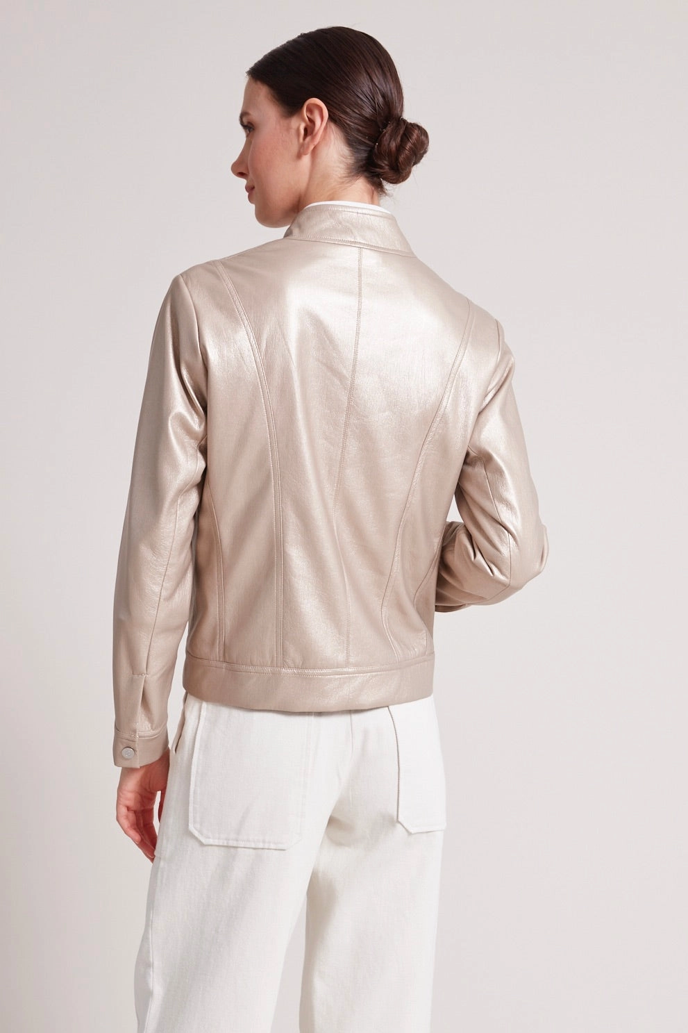 Four Way Stretch Material FleeceLined Tommy Vegan Leather Moto Jacket - Metallic Beige