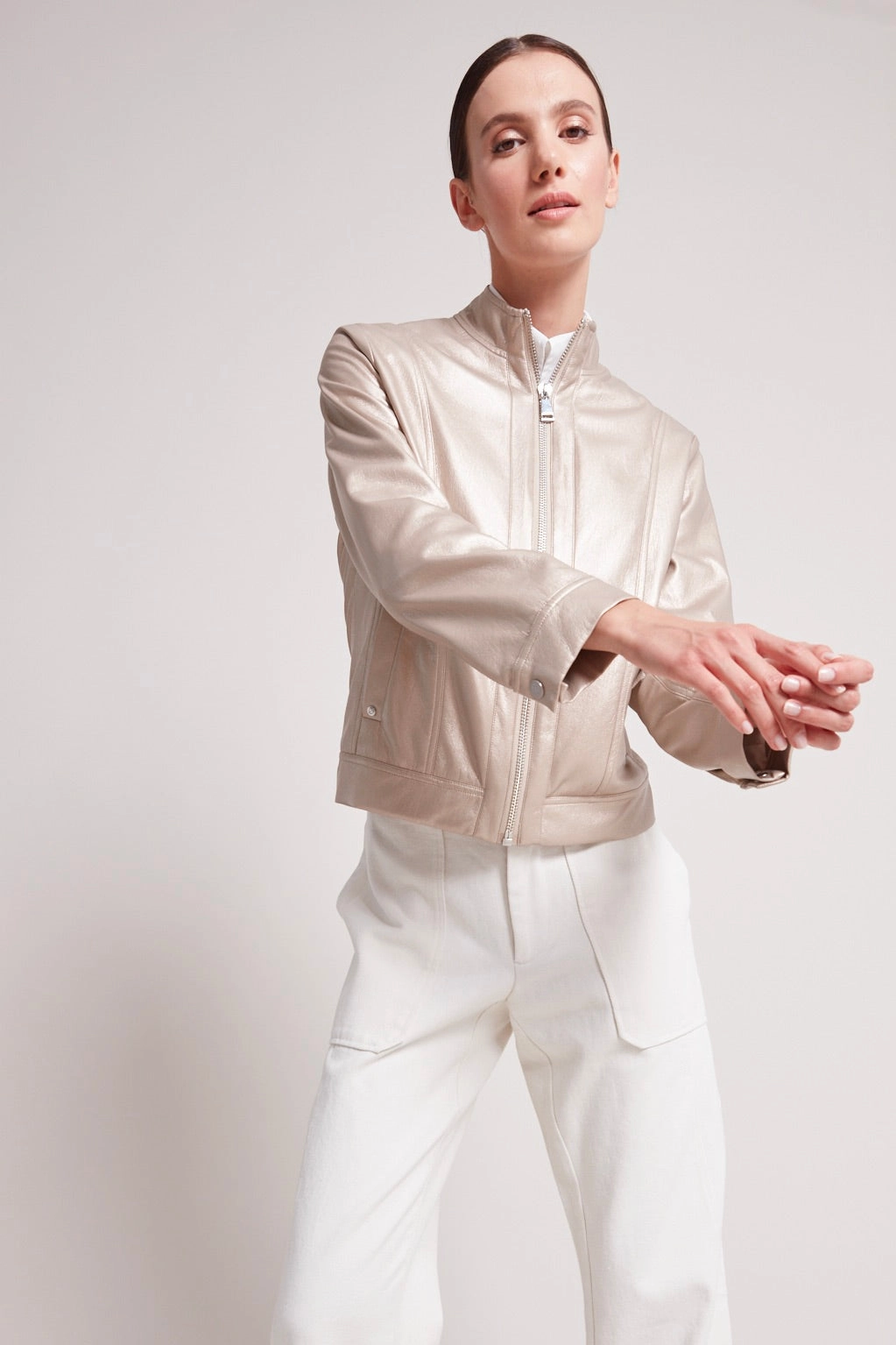 Chill Commute Fit Comfy Fit Piece Tommy Vegan Leather Moto Jacket - Metallic Beige