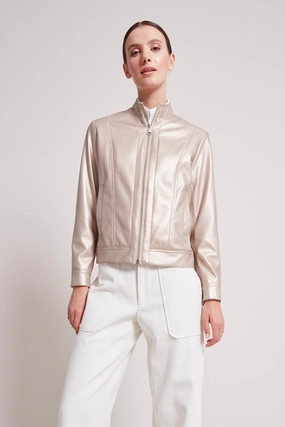 Breathable Lining Design Softshell Construction Tommy Vegan Leather Moto Jacket - Metallic Beige