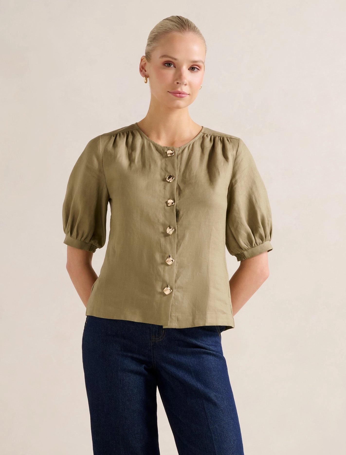 Riley Button Front Top NonIrritating Stain Resistant Treatment