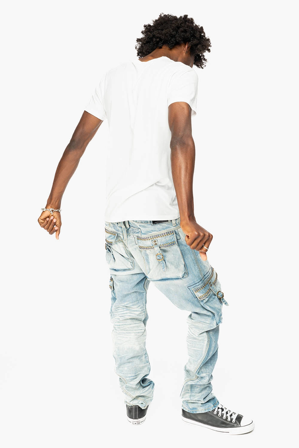 CARGO PANTS LIMITED EDITION EMBELLISHED WITH CRYSTALS AND STUDS IN BLUE OMAHA LIGHT Modern Minimalist Creative Look Home Comfort