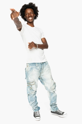 CARGO PANTS LIMITED EDITION EMBELLISHED WITH CRYSTALS AND STUDS IN BLUE OMAHA LIGHT Fashion Comfort Casual Staple