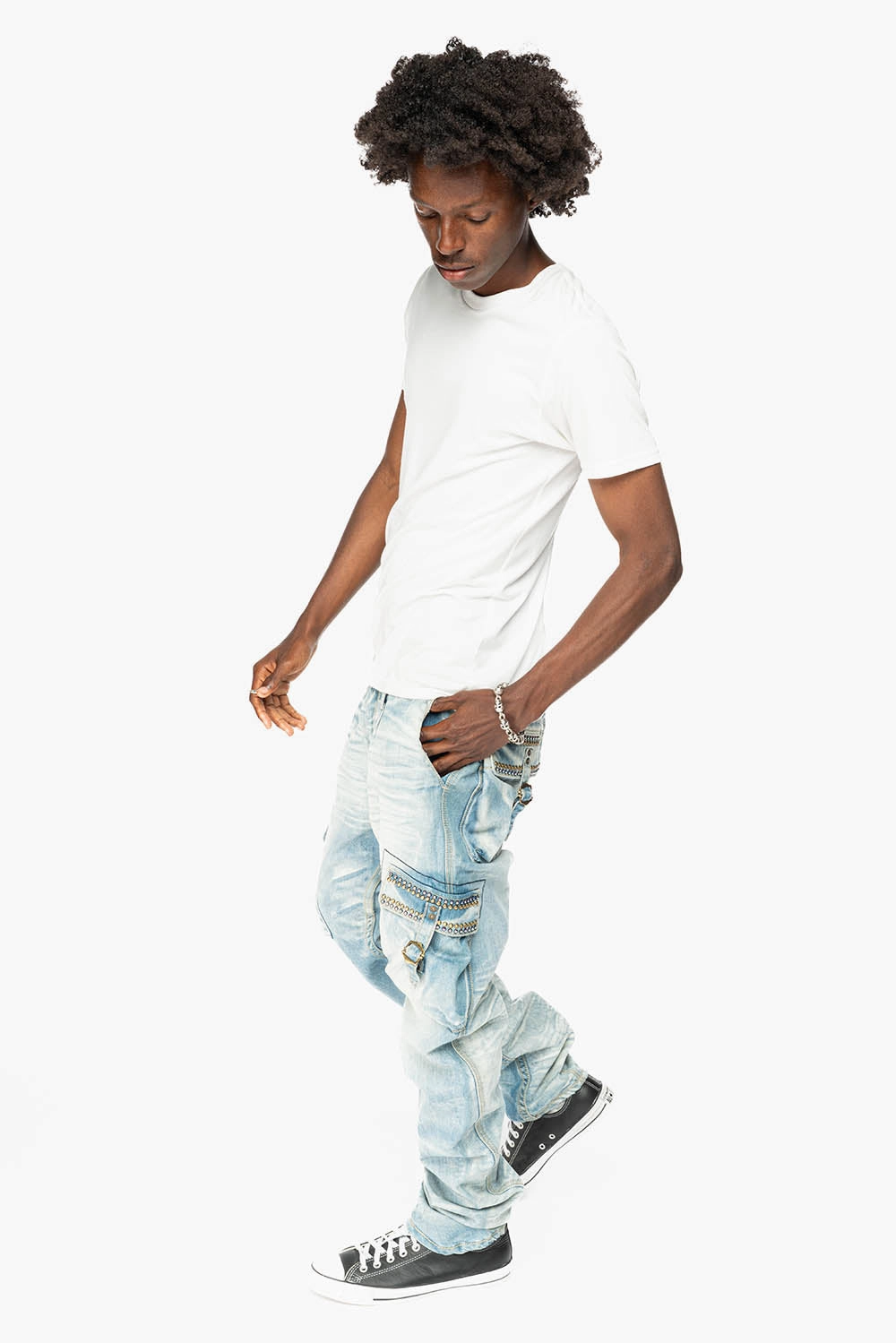 CARGO PANTS LIMITED EDITION EMBELLISHED WITH CRYSTALS AND STUDS IN BLUE OMAHA LIGHT Comfortable Waist Low Impact Manufacturing